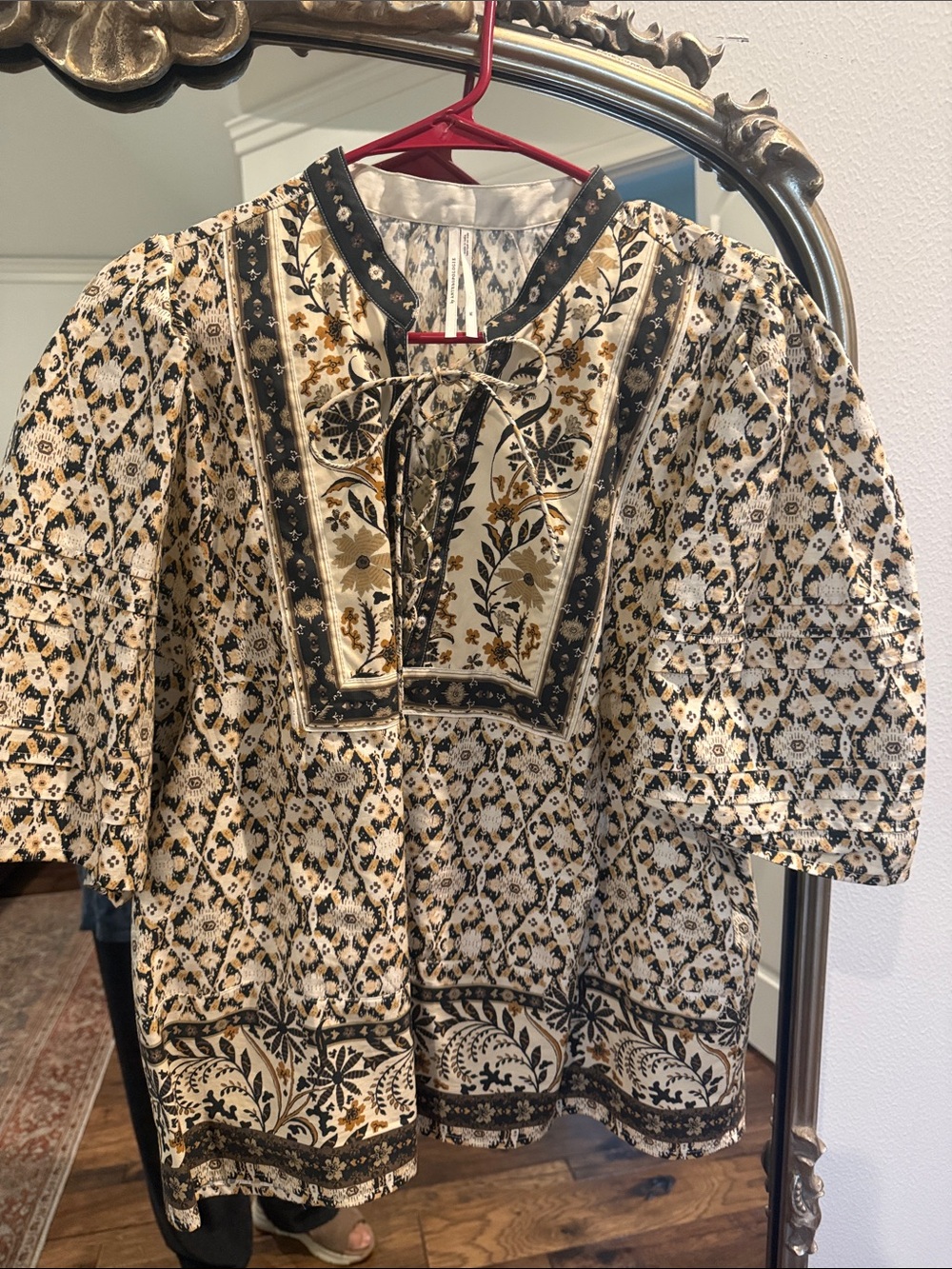 Anthropologie Neutral Floral Tie-Front Blouse in Black, Cream & Brown xl